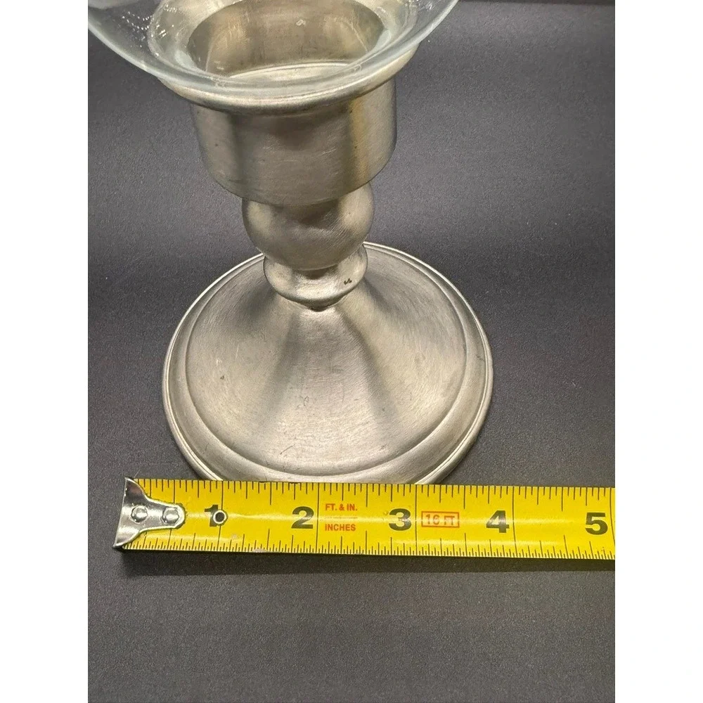 Vintage Web Pewter Hurricane Candle Holder Etched Glass Shade Mid Century MCM